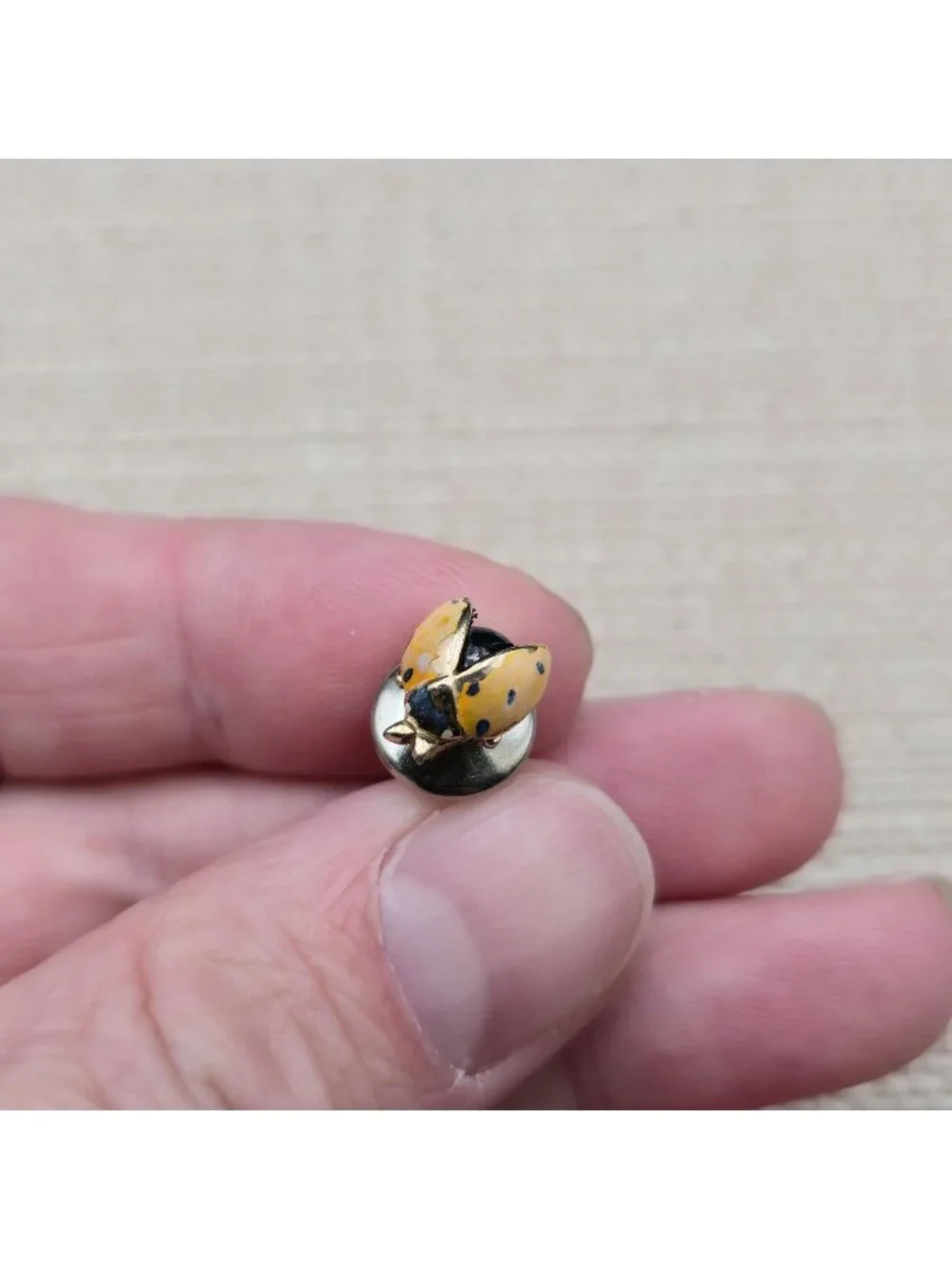 Vintage Yellow and Black Spotted Enameled Ladybug Insect Lapel Pin A8455